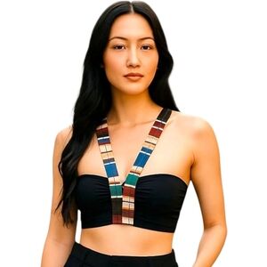 Coastal Blue Women's Halter Bikini Top Size M JadedStripe/Ebony NWT